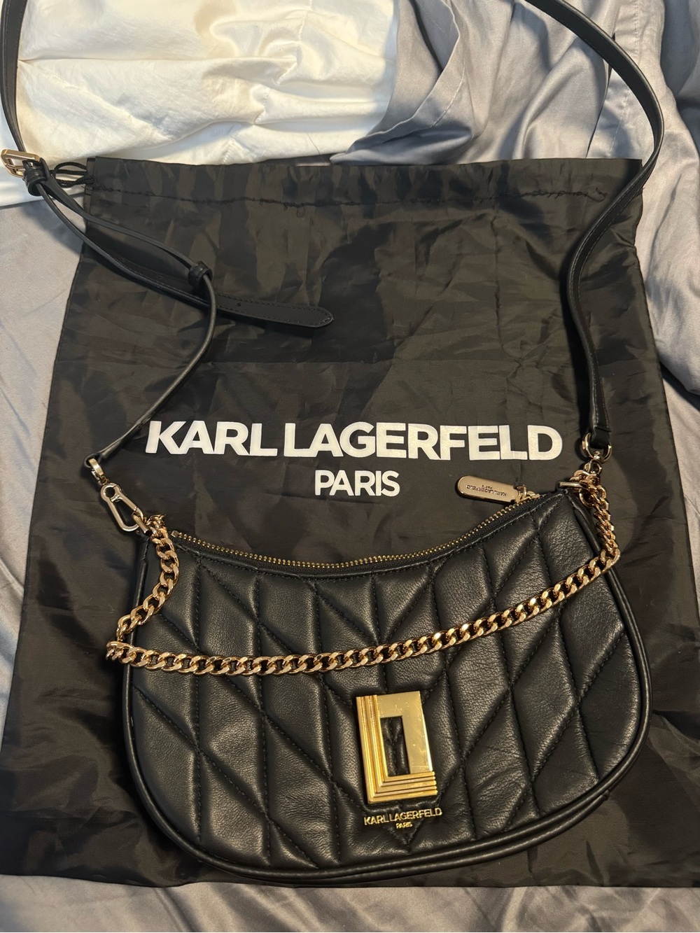 Karl Lagerfeld Black Quilted Leather Shoulder Bag with Gold Hardware